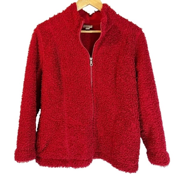 J Jill Red Fluffy Zip Up Jacket - Picture 1 of 6